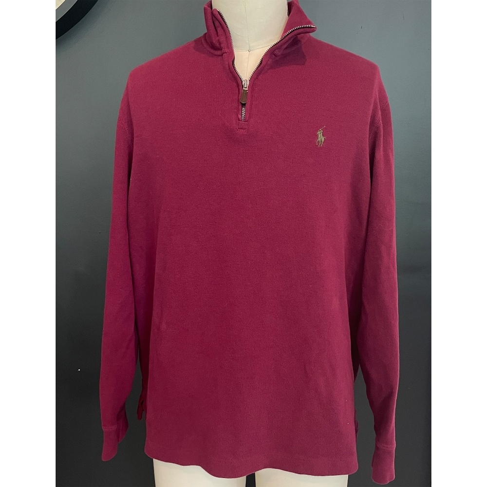 Polo Ralph Lauren Red Cotton Men's Pullover Sweater with half Zip, Large